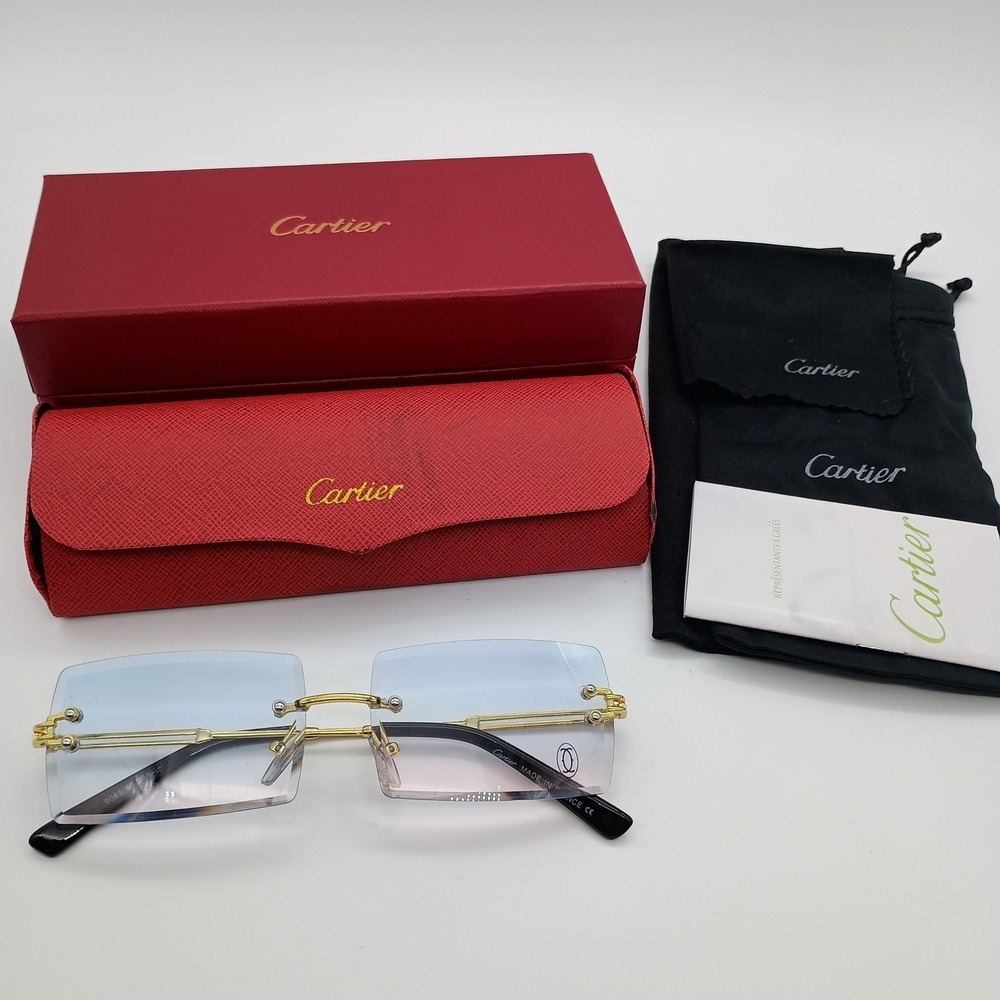 Cartier 9065 Rimless Gold Eyeglasses Beveled Blue Gradient Lenses w/ Case (READ)